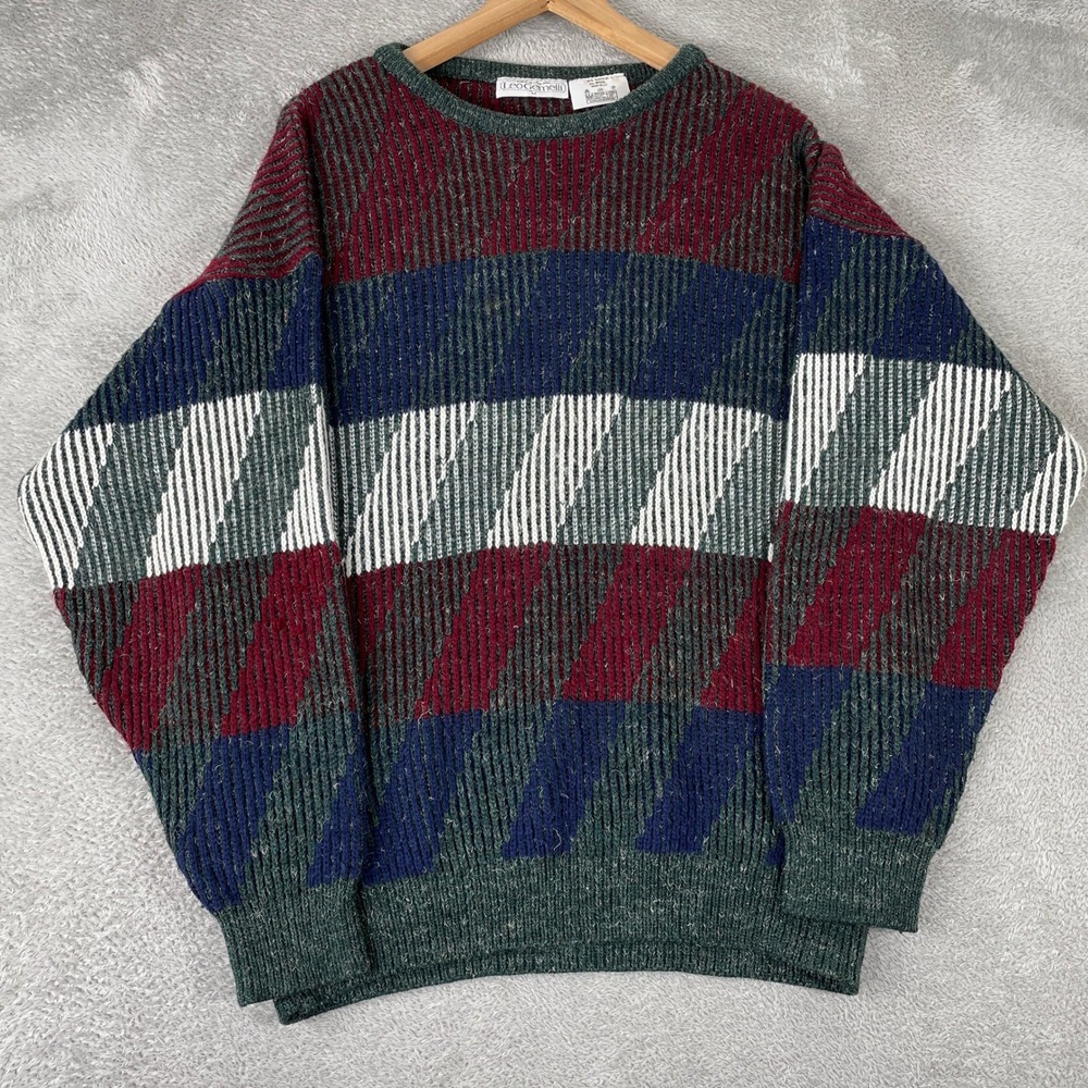 Leo Gemelli Sweater Mens Medium Multicolor Geometric Retro Wool Blend UK Made